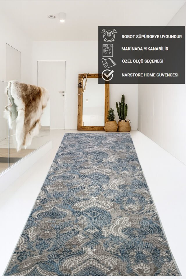 Dinar Saçaklı Diana Mavi Bej Kaymaz Taban Kesme Yolluk Halı Modern Desen Mavi - 80 X 700