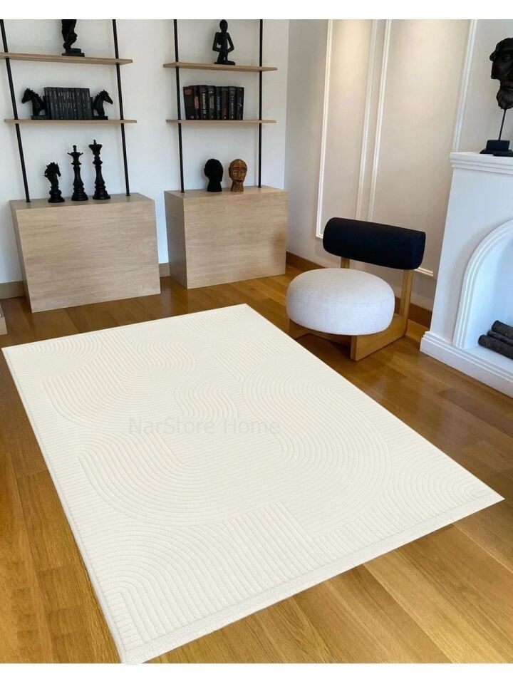 Rölyef Joy Krem Kaymaz Yıkanabilir Taban Kesme Salon Mutfak Halı Yolluk 200 x 750 - Beyaz