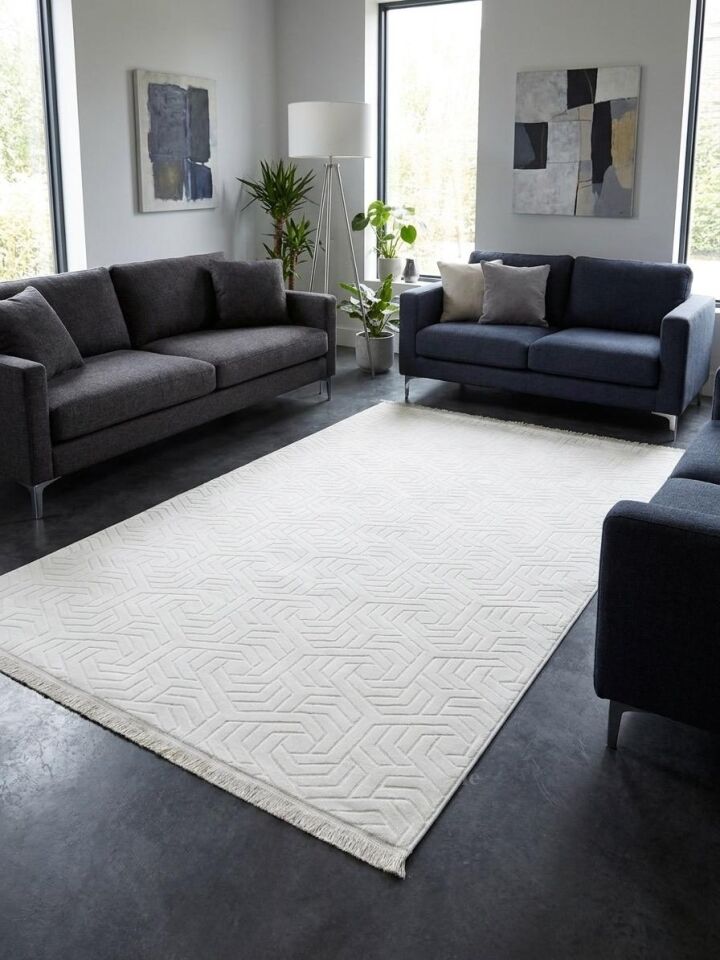 Dinar Armoni Saçaklı Kaymaz Tabanlı Kesme Kabartmalı Yıkanabilir Salon Koridor Halı Yolluk 100 x 550 - Krem