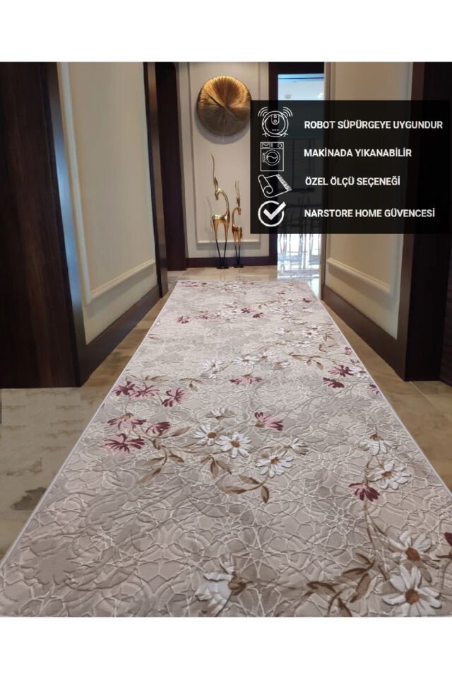 ELİT KABARTMALI KREM BEJ YIKANABİLİR KAYMAZ TABAN KESME YOLLUK HALI Pembe - 120 X 180
