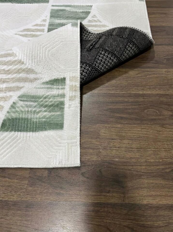 Krem Yeşil Modern Yıkanabilir Kabartmalı Kaymaz Taban Kesme Halı Yolluk 120 x 750 - YEŞİL