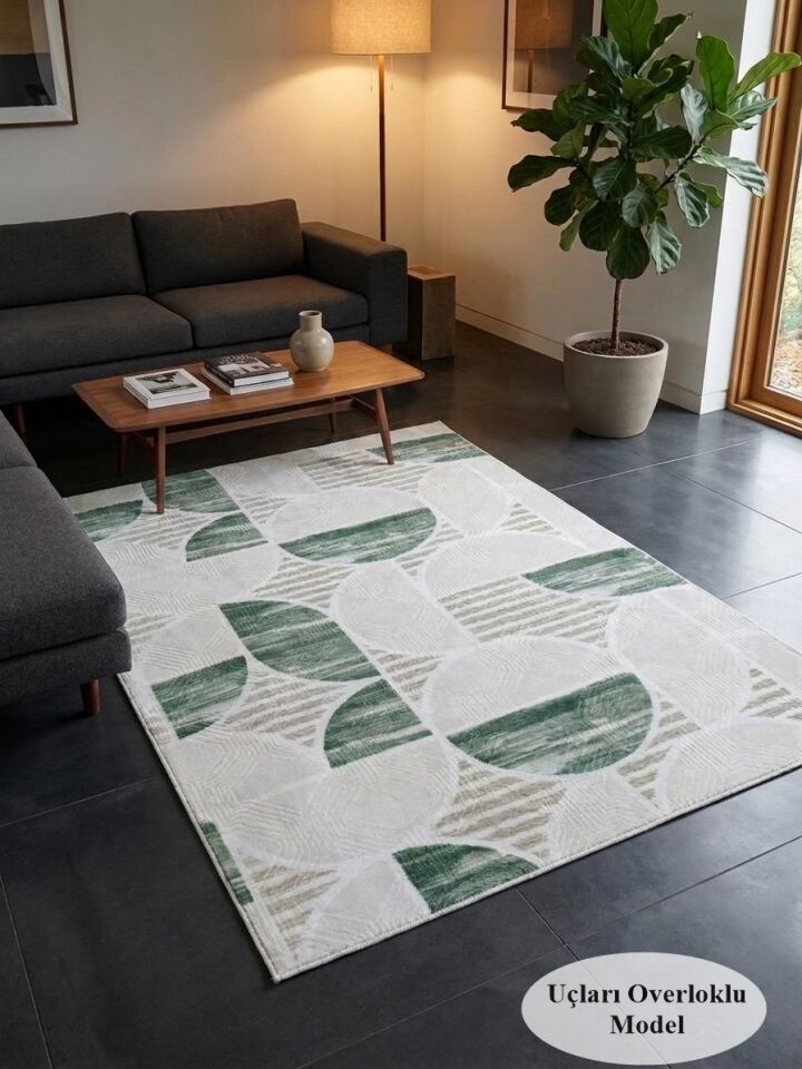 Krem Yeşil Modern Yıkanabilir Kabartmalı Kaymaz Taban Kesme Halı Yolluk 150 x 200 - YEŞİL