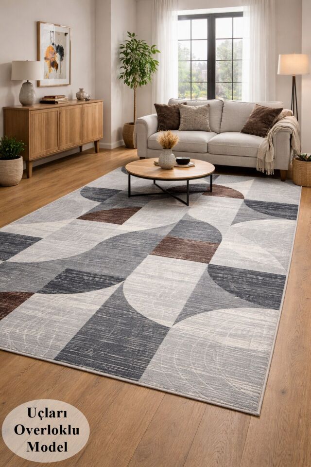 Kaymaz Taban Gri Kahve Modern Geometrik Yıkanabilir Salon Mutfak Koridor Yolluk Halı