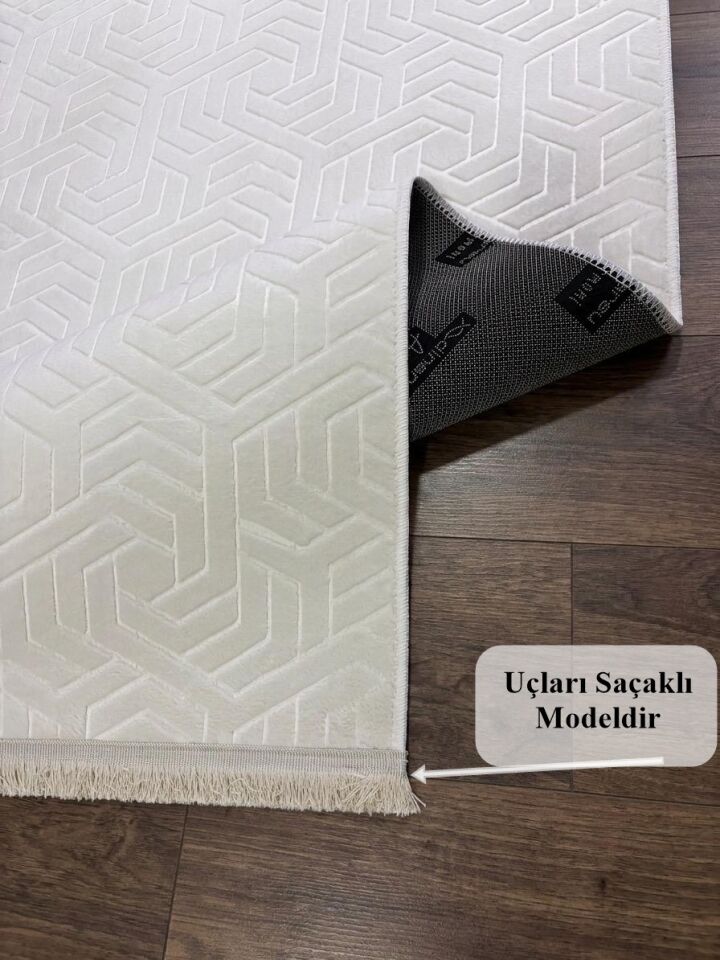 Dinar Armoni Saçaklı Kaymaz Tabanlı Kesme Kabartmalı Yıkanabilir Salon Koridor Halı Yolluk 120 x 850 - Krem