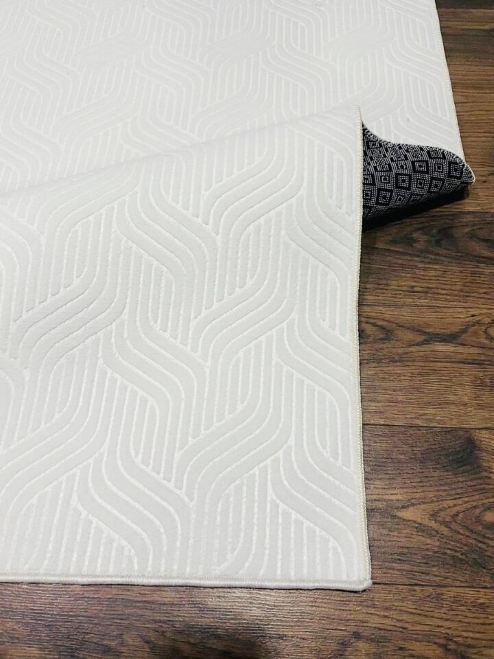 Elit Kabartmalı Krem Yıkanabilir Kaymaz Taban Kesme Yolluk Salon Mutfak Oturma Odası Halı 150 x 550 - Krem