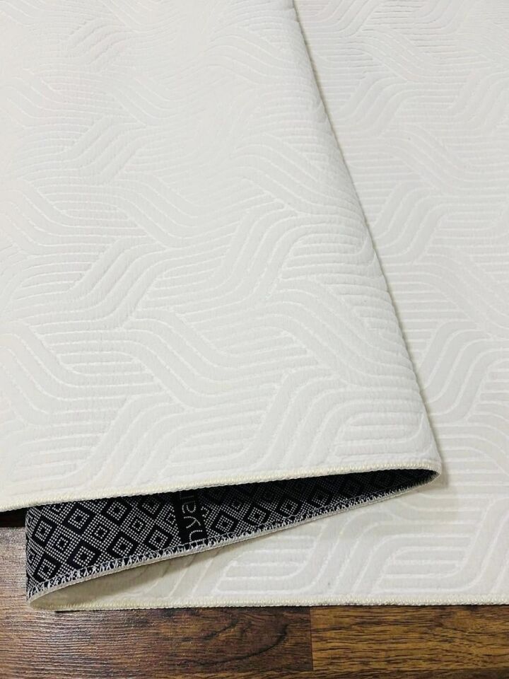 Elit Kabartmalı Krem Yıkanabilir Kaymaz Taban Kesme Yolluk Salon Mutfak Oturma Odası Halı 150 x 550 - Krem