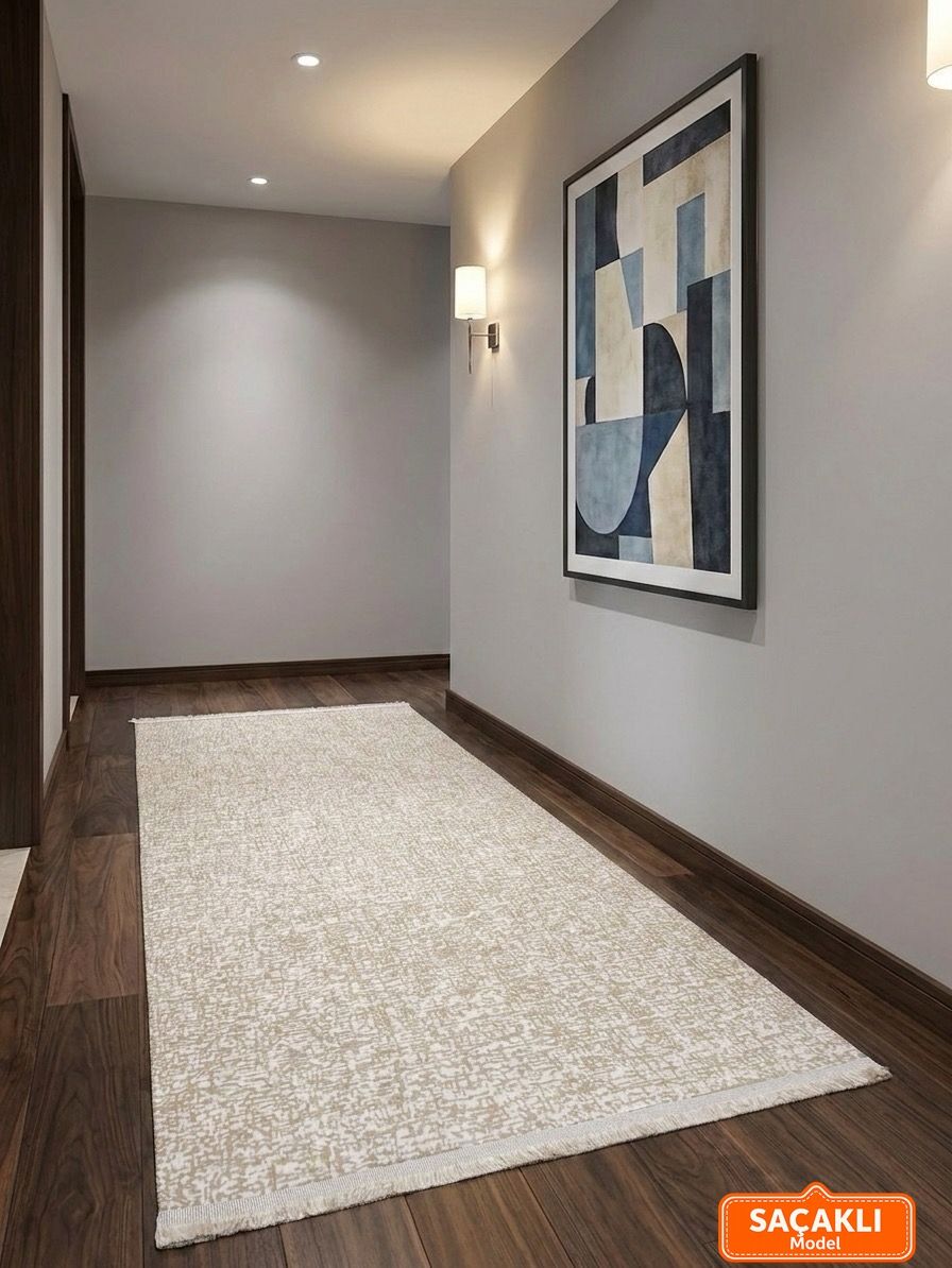 Düz Desen Saçaklı Bej Yıkanabilir Kaymaz Taban Kesme Halı Yolluk 120 x 550 - Açık Bej