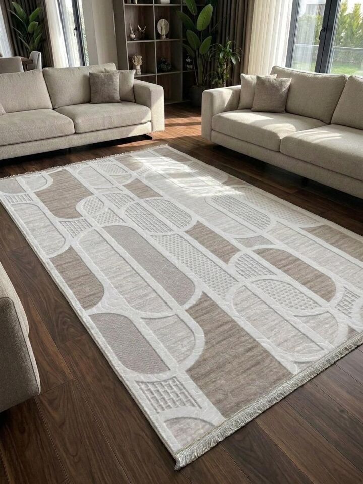 Kaymaz Taban Saçaklı Krem Bej Modern Geometrik Yıkanabilir Koridor Salon Mutfak Yolluk Halı