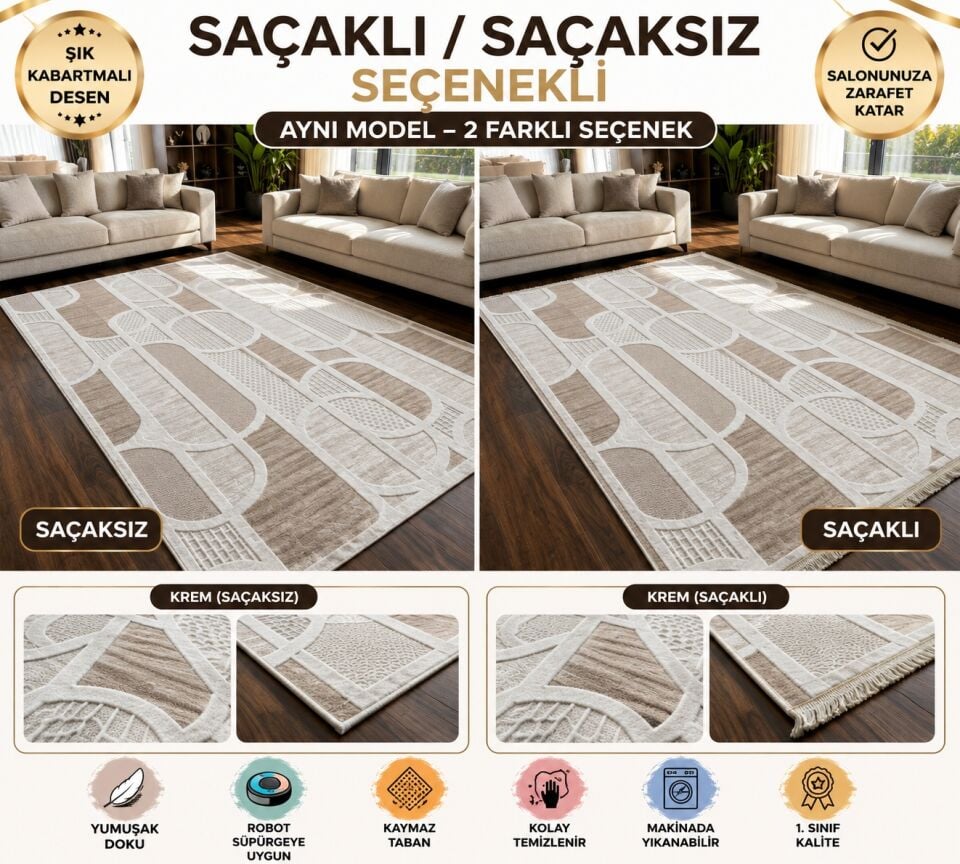 Kaymaz Taban Saçaklı Krem Bej Modern Geometrik Yıkanabilir Koridor Salon Mutfak Yolluk Halı