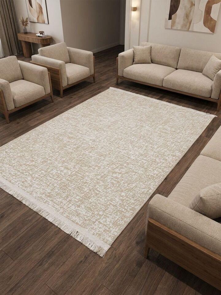 Düz Desen Saçaklı Bej Yıkanabilir Kaymaz Taban Kesme Halı Yolluk 120 x 800 - Açık Bej