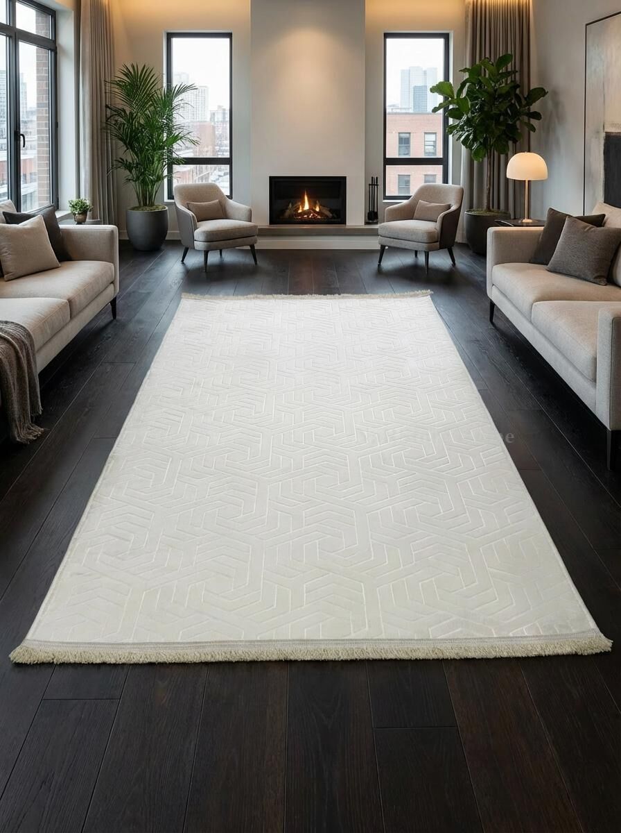 Dinar Armoni Saçaklı Kaymaz Tabanlı Kesme Kabartmalı Yıkanabilir Salon Koridor Halı Yolluk 150 x 350 - Krem