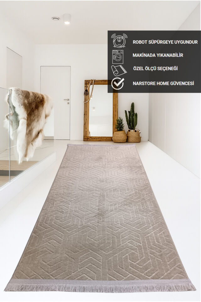 Armoni Saçaklı Kaymaz Tabanlı Kesme Kabartmalı Salon Koridor Mutfak Hali Kahverengi Kahve - 120 x 200