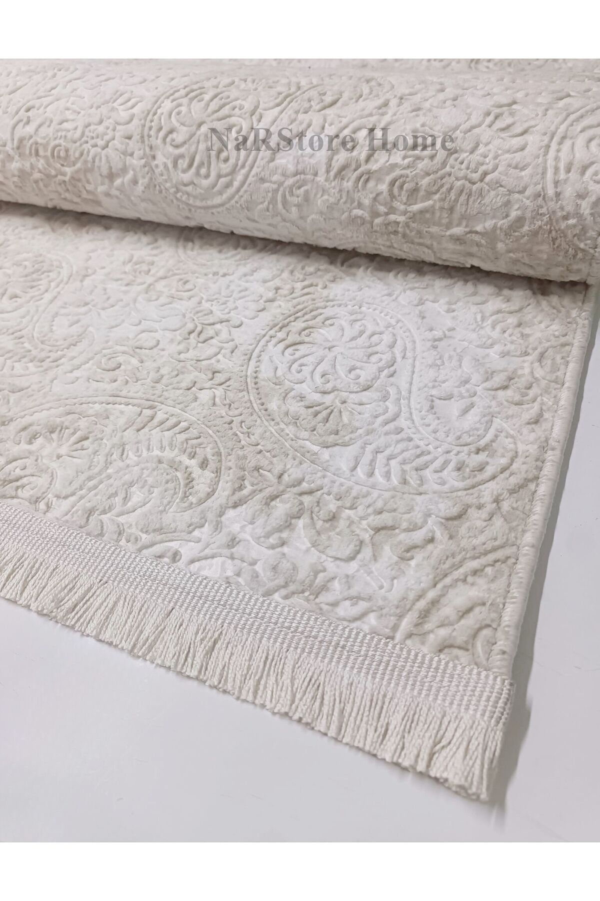 Kaymaz Taban Saçaklı Kesme Halı Yolluk Nevra Dinar Antrasit 150 x 350 - Krem