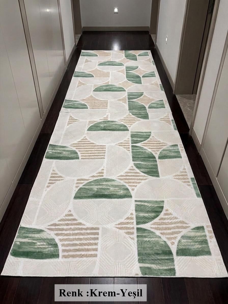 Krem Yeşil Modern Yıkanabilir Kabartmalı Kaymaz Taban Kesme Halı Yolluk 200 x 500 - YEŞİL