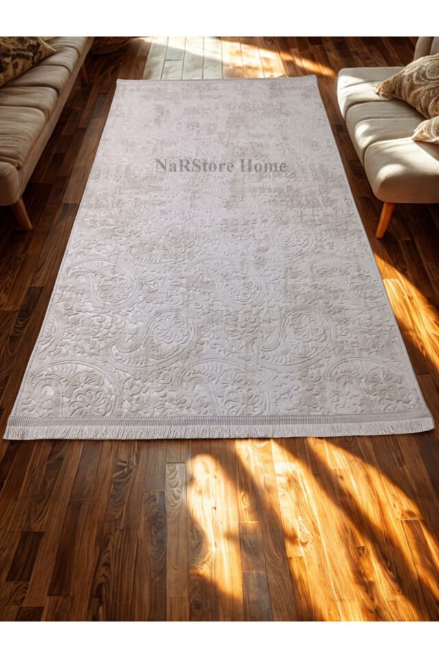 Kaymaz Taban Saçaklı Kesme Halı Yolluk Nevra Dinar Antrasit Krem - 80 X 300