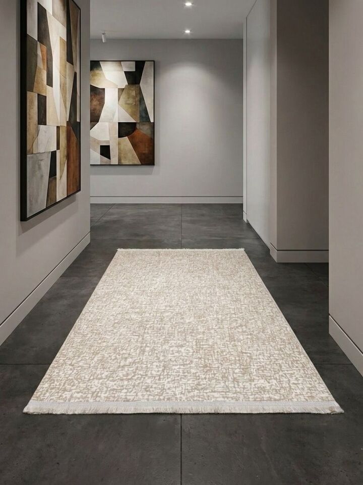 Düz Desen Saçaklı Bej Yıkanabilir Kaymaz Taban Kesme Halı Yolluk 150 x 500 - Açık Bej