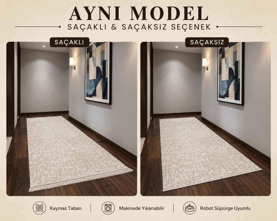 Düz Desen Saçaklı Bej Yıkanabilir Kaymaz Taban Kesme Halı Yolluk 150 x 500 - Açık Bej