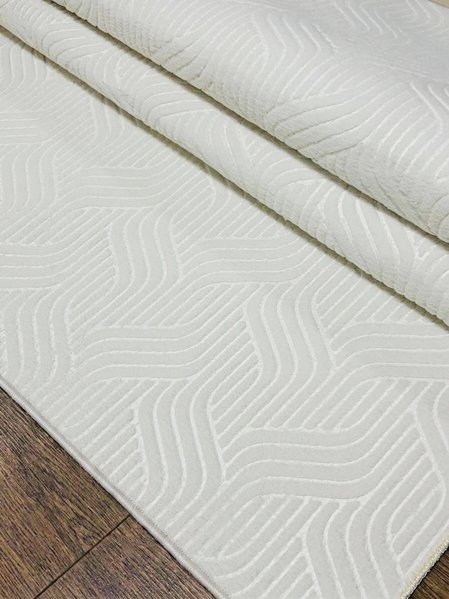 Elit Kabartmalı Krem Yıkanabilir Kaymaz Taban Kesme Yolluk Salon Mutfak Oturma Odası Halı 200 x 600 - Krem