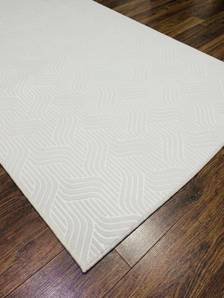 Elit Kabartmalı Krem Yıkanabilir Kaymaz Taban Kesme Yolluk Salon Mutfak Oturma Odası Halı 200 x 600 - Krem