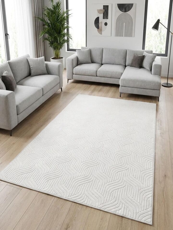 Elit Kabartmalı Krem Yıkanabilir Kaymaz Taban Kesme Yolluk Salon Mutfak Oturma Odası Halı 200 x 600 - Krem