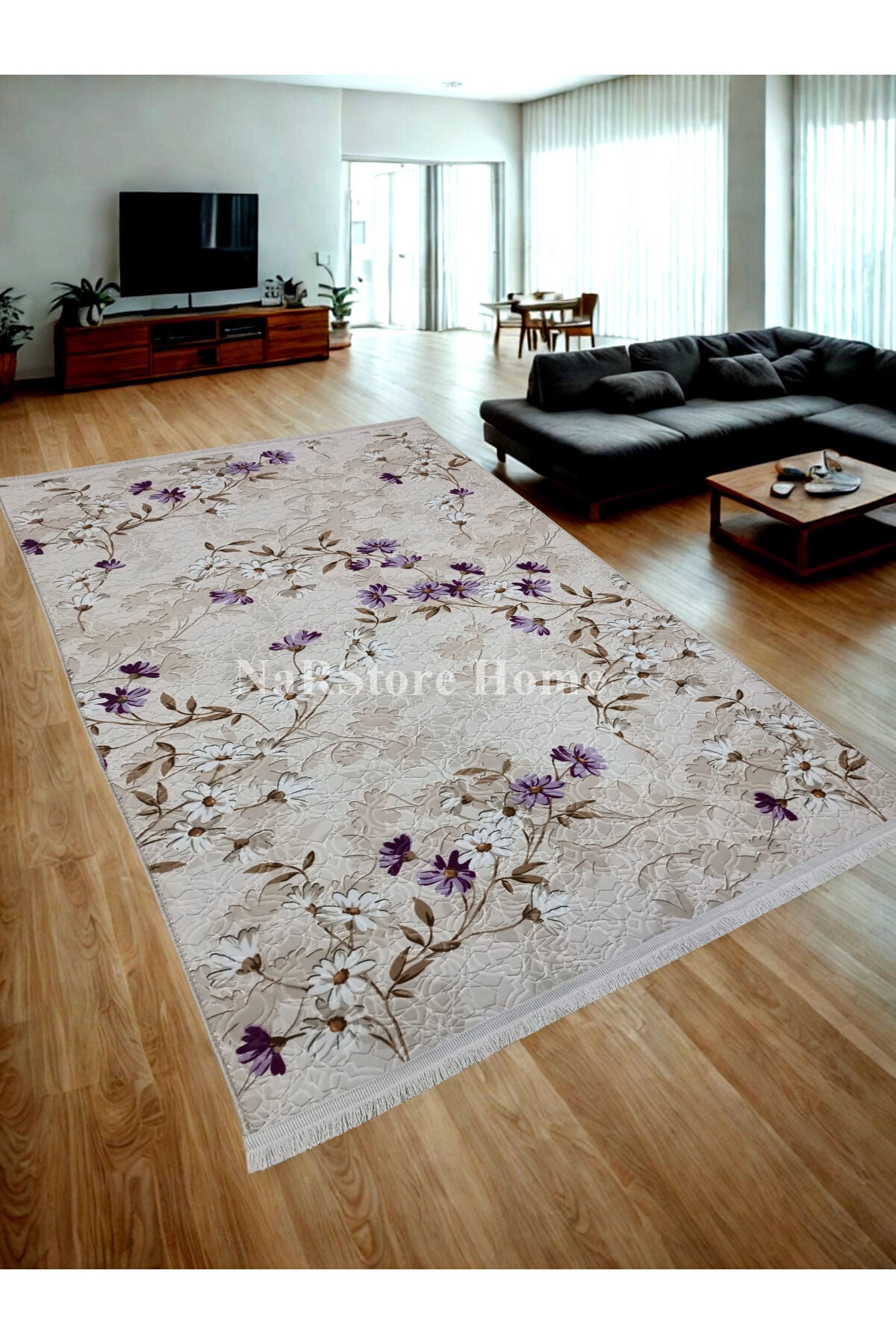 ELİT SAÇAKLI PEMBE KAHVE ÇİÇEKLİ KABARTMALI KAYMAZ TABAN YIKANABİLİR KESME YOLLUK HALI 150 x 350 - Lila