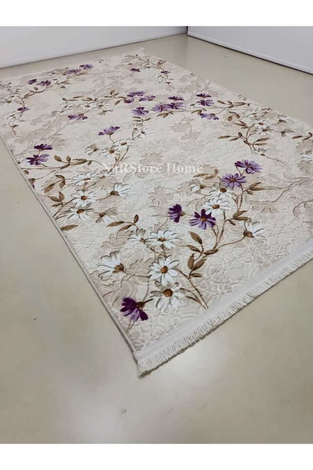 ELİT SAÇAKLI PEMBE KAHVE ÇİÇEKLİ KABARTMALI KAYMAZ TABAN YIKANABİLİR KESME YOLLUK HALI 150 x 350 - Lila