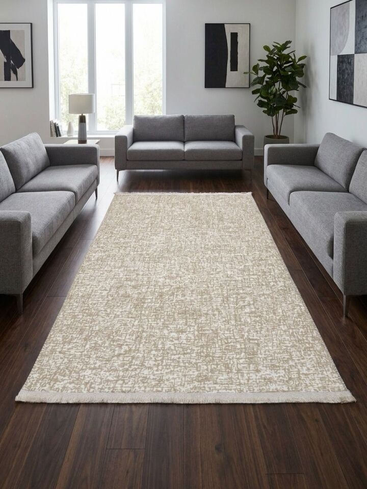 Düz Desen Saçaklı Bej Yıkanabilir Kaymaz Taban Kesme Halı Yolluk 150 x 900 - Açık Bej