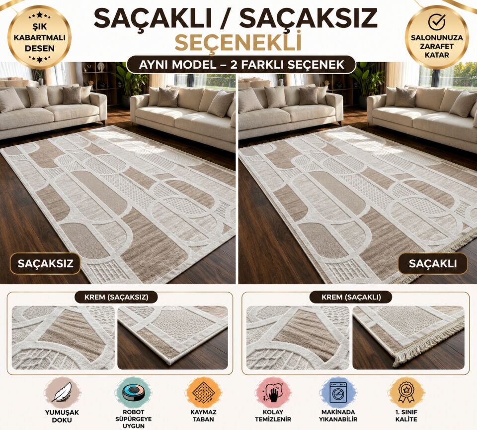 Kaymaz Taban Saçaklı Krem Bej Modern Geometrik Yıkanabilir Koridor Salon Mutfak Yolluk Halı 80 x 600 - BEJ