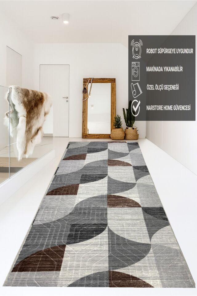 Kaymaz Taban Gri Kahve Modern Geometrik Yıkanabilir Salon Mutfak Koridor Yolluk Halı 100 x 175 - Gri-Kahve