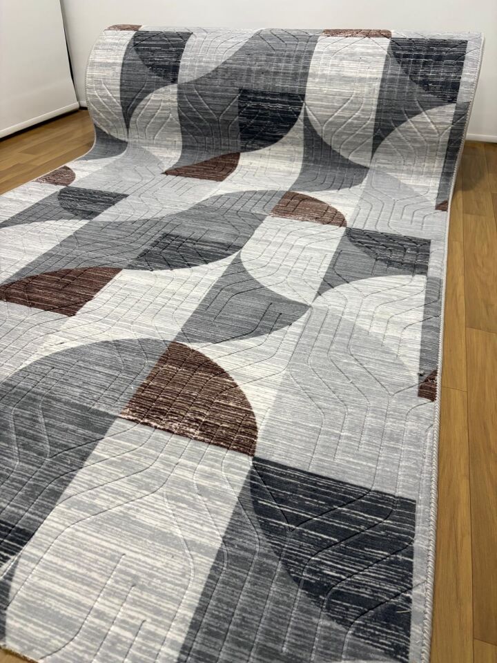 Kaymaz Taban Gri Kahve Modern Geometrik Yıkanabilir Salon Mutfak Koridor Yolluk Halı 100 x 175 - Gri-Kahve