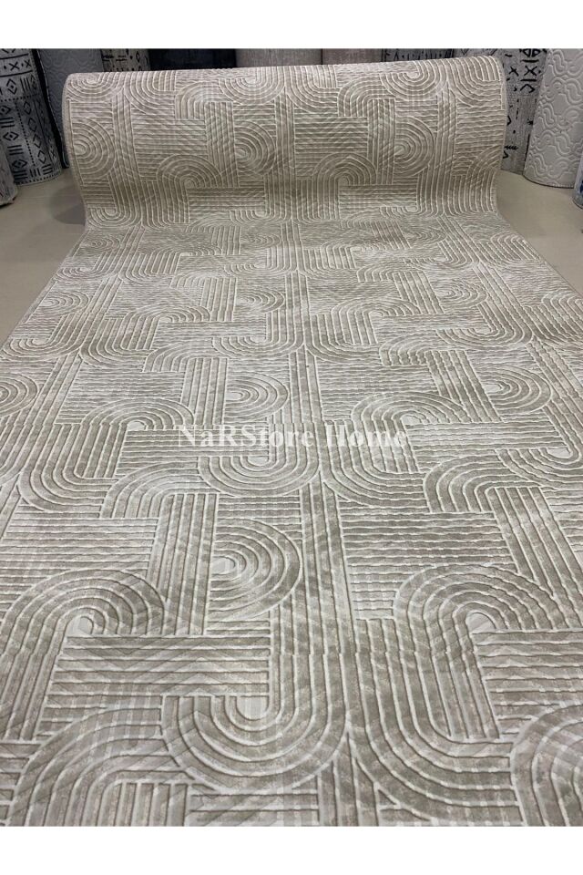 KAYMAZ TABAN SMART DİAMOND GRİ KABARTMALI  YIKANABİLİR KESME YOLLUK HALI 100 x 550 - Krem