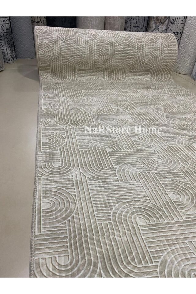 KAYMAZ TABAN SMART DİAMOND GRİ KABARTMALI  YIKANABİLİR KESME YOLLUK HALI Krem - 120 x 150