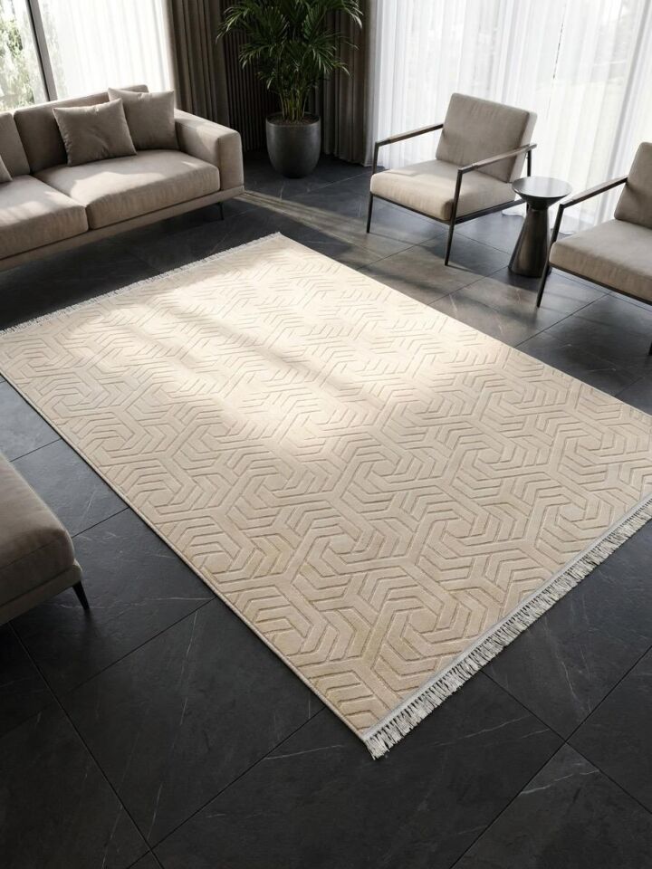 Dinar Armoni Saçaklı Kaymaz Tabanlı Kesme Kabartmalı Yıkanabilir Salon Koridor Halı Yolluk 80 x 225 - BEJ