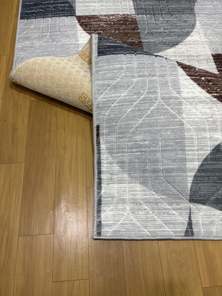 Kaymaz Taban Gri Kahve Modern Geometrik Yıkanabilir Salon Mutfak Koridor Yolluk Halı 100 x 400 - Gri-Kahve