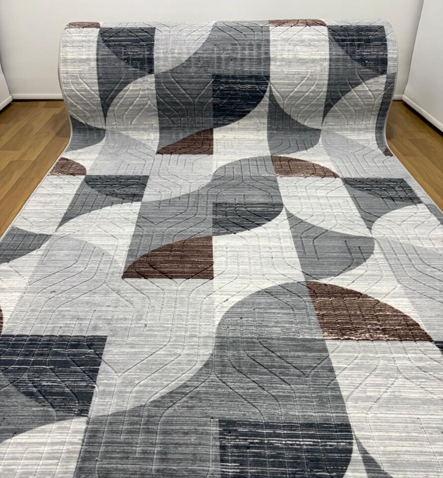 Kaymaz Taban Gri Kahve Modern Geometrik Yıkanabilir Salon Mutfak Koridor Yolluk Halı 100 x 400 - Gri-Kahve