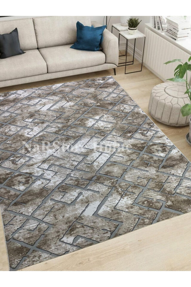 İskandinav Desen Gri Kaymaz Taban Yıkanabilir Kesme Yolluk Halı KAHVERENGİ - 100 x 350