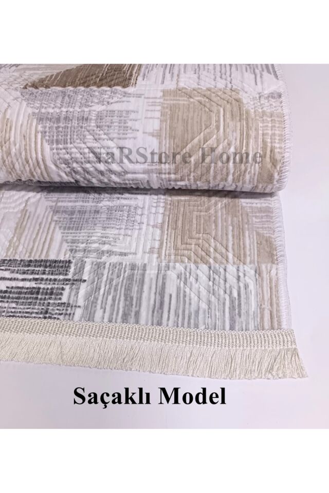 Dinar Saçaklı Gri Kahve Kaymaz Taban Yıkanabilir Kesme Yolluk Halı Modern Desen Kahverengi - 120 X 500