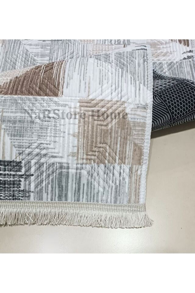 Dinar Saçaklı Gri Kahve Kaymaz Taban Yıkanabilir Kesme Yolluk Halı Modern Desen Kahverengi - 120 X 500