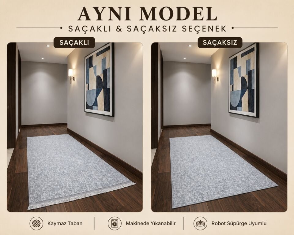 Düz Desen Gri Yıkanabilir Kaymaz Taban Kesme Halı Yolluk 80 x 275 - GRİ