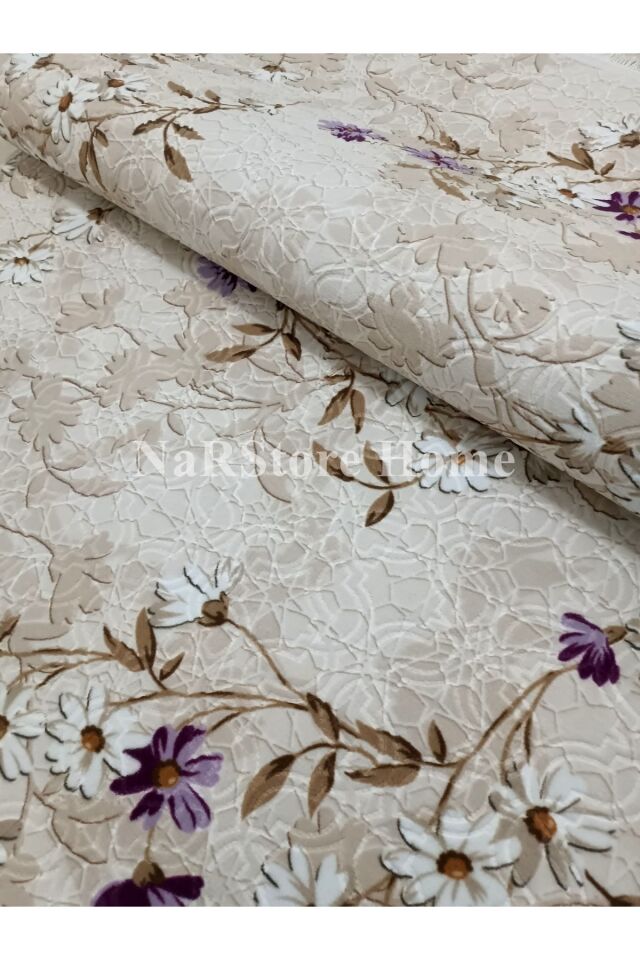 ELİT SAÇAKLI PEMBE KAHVE ÇİÇEKLİ KABARTMALI KAYMAZ TABAN YIKANABİLİR KESME YOLLUK HALI 100 x 700 - Lila
