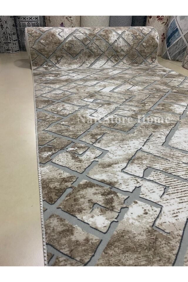 İskandinav Desen Gri Kaymaz Taban Yıkanabilir Kesme Yolluk Halı KAHVERENGİ - 150 x 200