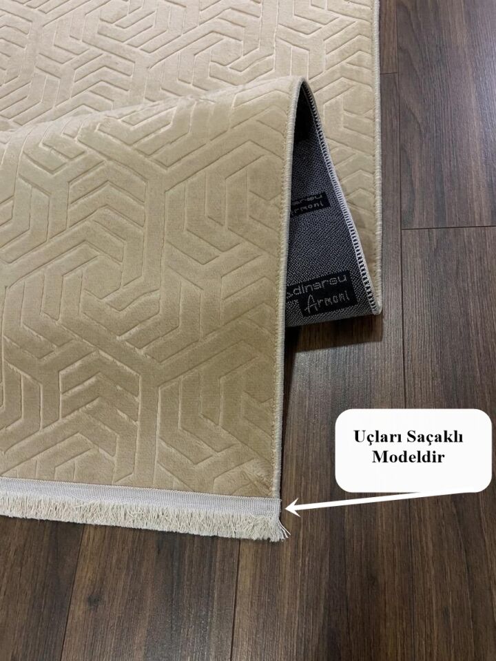 Dinar Armoni Saçaklı Kaymaz Tabanlı Kesme Kabartmalı Yıkanabilir Salon Koridor Halı Yolluk 100 x 225 - BEJ