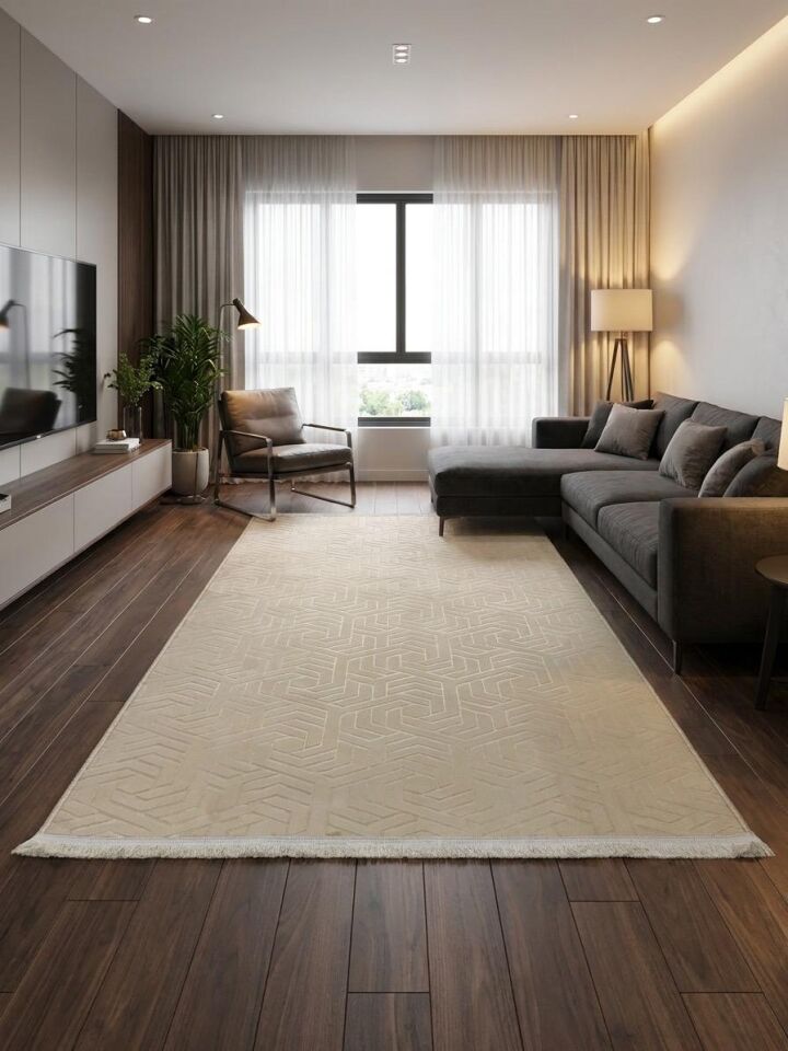 Dinar Armoni Saçaklı Kaymaz Tabanlı Kesme Kabartmalı Yıkanabilir Salon Koridor Halı Yolluk 100 x 250 - BEJ