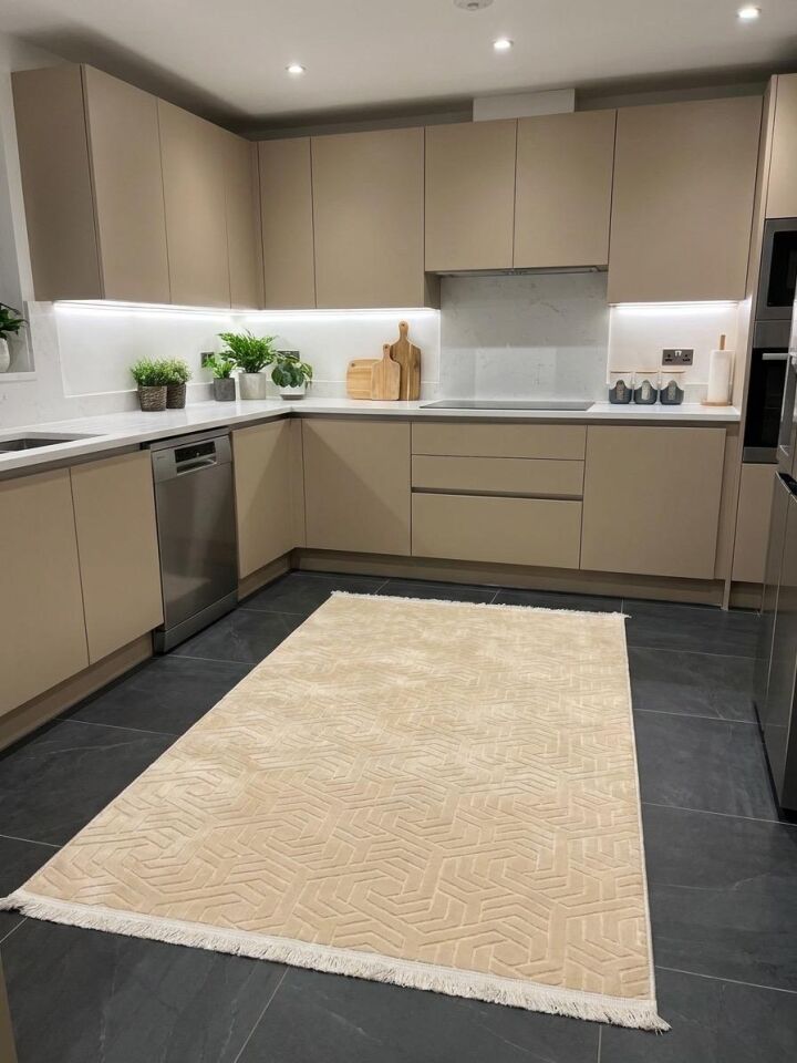 Dinar Armoni Saçaklı Kaymaz Tabanlı Kesme Kabartmalı Yıkanabilir Salon Koridor Halı Yolluk 100 x 250 - BEJ