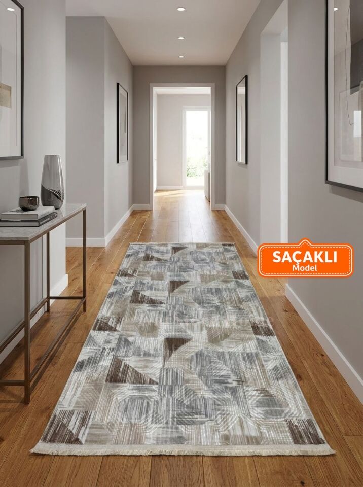 Dinar Gri Kahve Kaymaz Taban Yıkanabilir Kesme Yolluk Halı Modern Desen