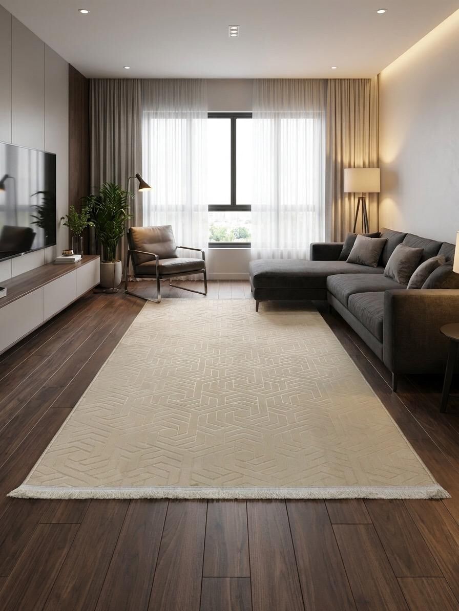Dinar Armoni Saçaklı Kaymaz Tabanlı Kesme Kabartmalı Yıkanabilir Salon Koridor Halı Yolluk 100 x 425 - BEJ