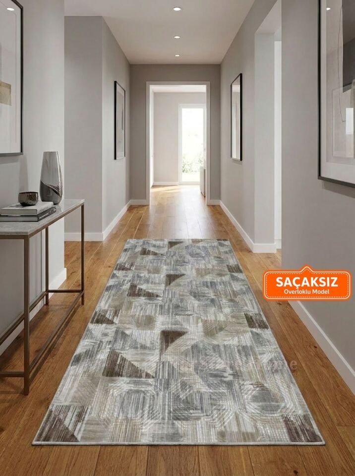 Dinar Gri Kahve Kaymaz Taban Yıkanabilir Kesme Yolluk Halı Modern Desen 200 x 400 - GRİ
