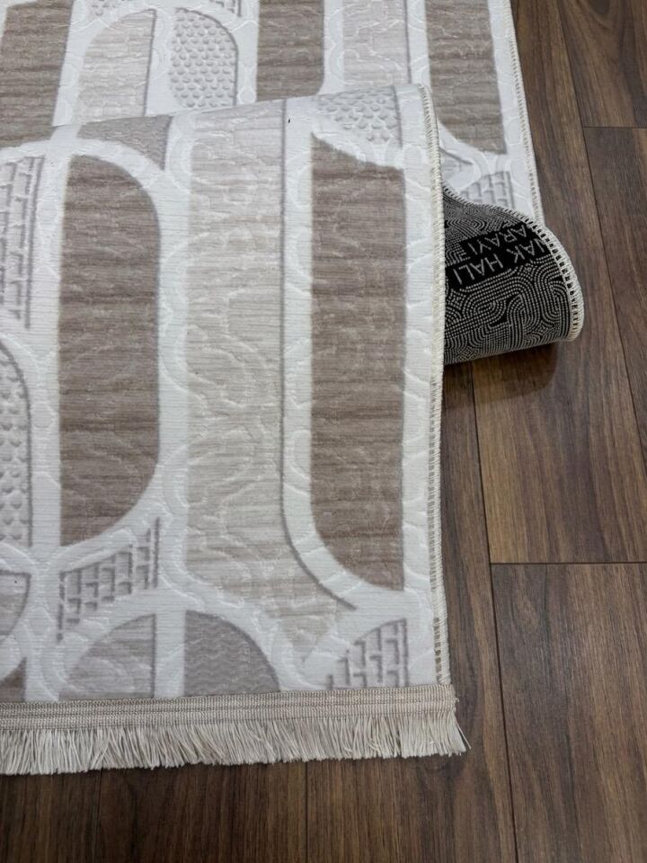 Kaymaz Taban Saçaklı Krem Bej Modern Geometrik Yıkanabilir Koridor Salon Mutfak Yolluk Halı 150 x 230 - BEJ