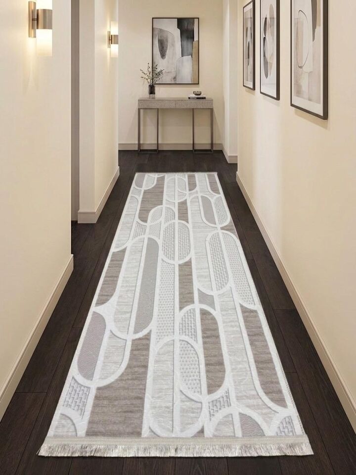 Kaymaz Taban Saçaklı Krem Bej Modern Geometrik Yıkanabilir Koridor Salon Mutfak Yolluk Halı 150 x 250 - BEJ