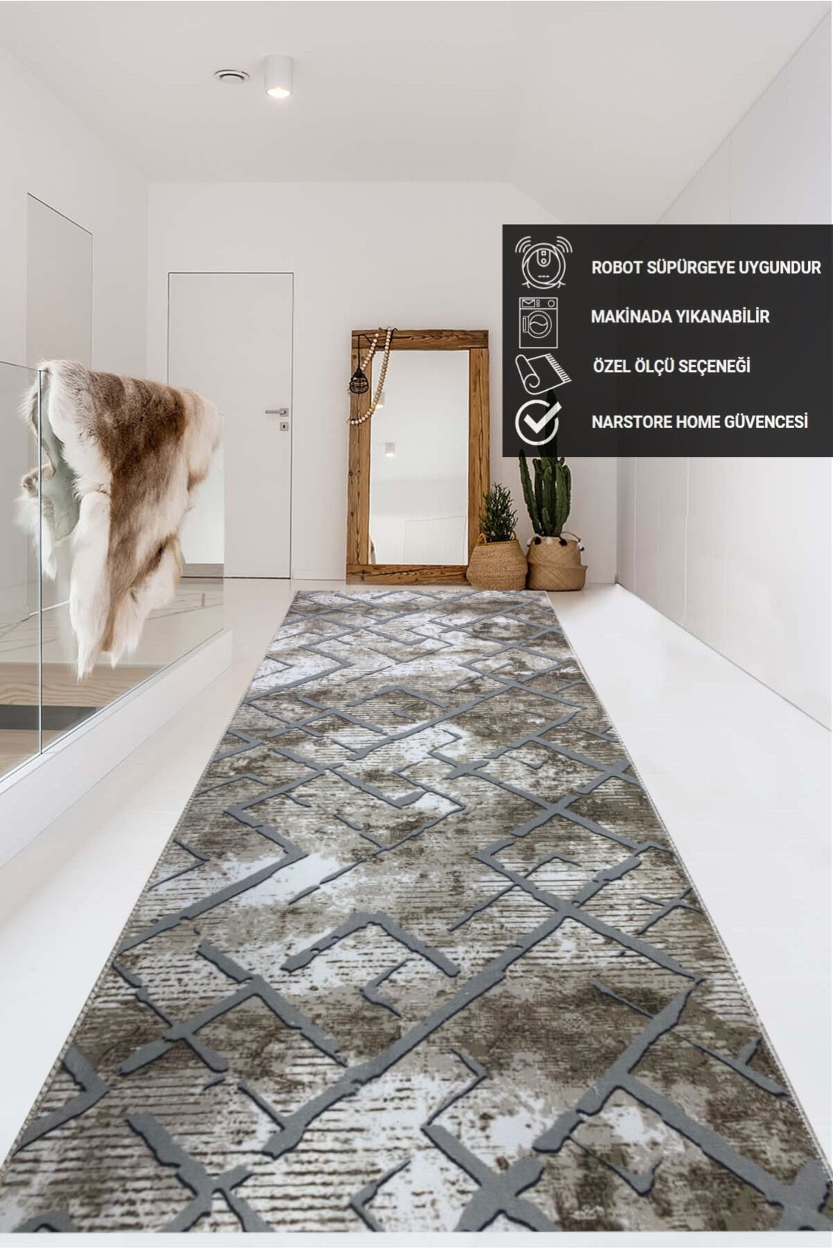 İskandinav Desen Gri Kaymaz Taban Yıkanabilir Kesme Yolluk Halı KAHVERENGİ - 100 x 280